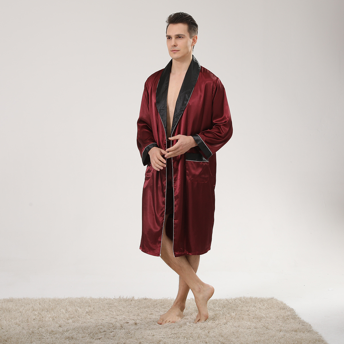 봄 블랙 숄 칼라 레드 남성용 목욕 가운 반바지 수트, - Men'S Kimono Accessories 리뷰 및 가격